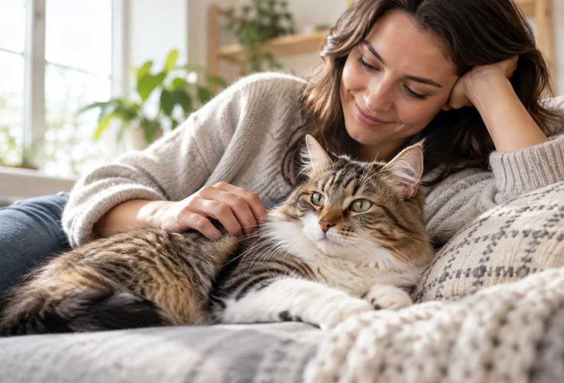 Owner resting beside a long-haired tabby cat on a blanket